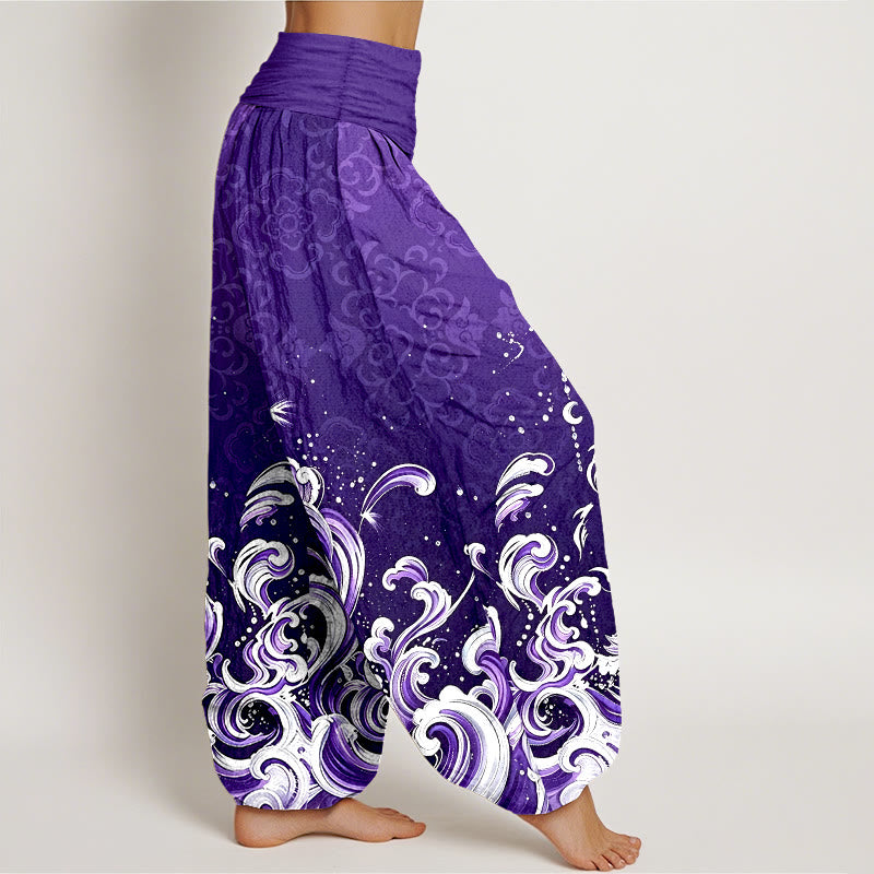 Buddha Stones Pantalones harem de algodón puro con estampado degradado de olas marinas para mujer y cintura elástica. - image 9