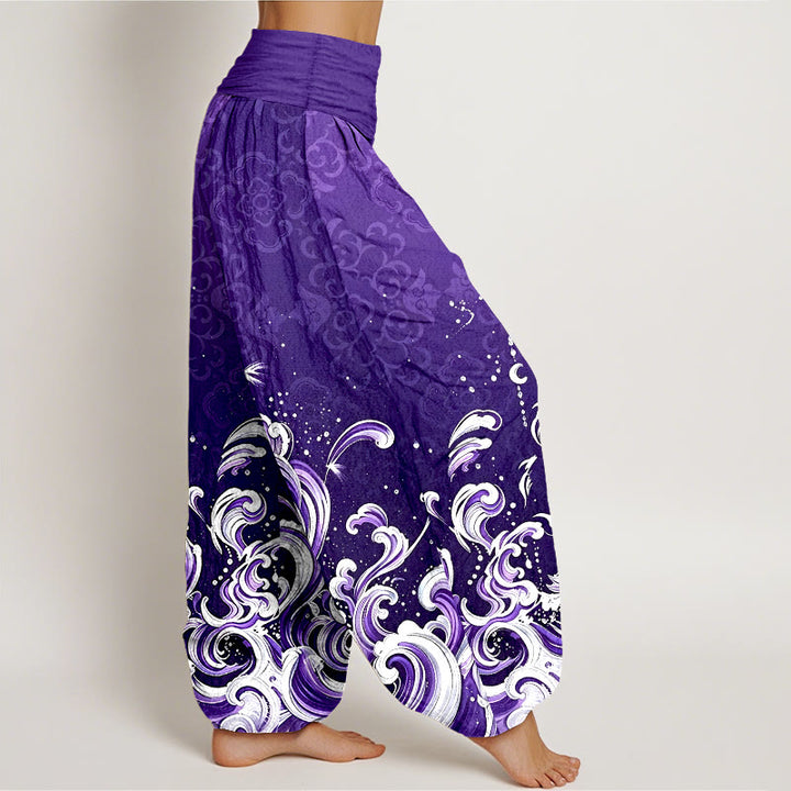 Buddha Stones Pantalones harem de algodón puro con estampado degradado de olas marinas para mujer y cintura elástica. - image 9