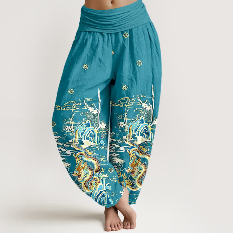 Buddha Stones Pantalones harem de algodón puro con estampado de nubes y dragones para mujer, cintura elástica. - Turquesa - US16，UK/AU20，EU48 (3XL) - image 0