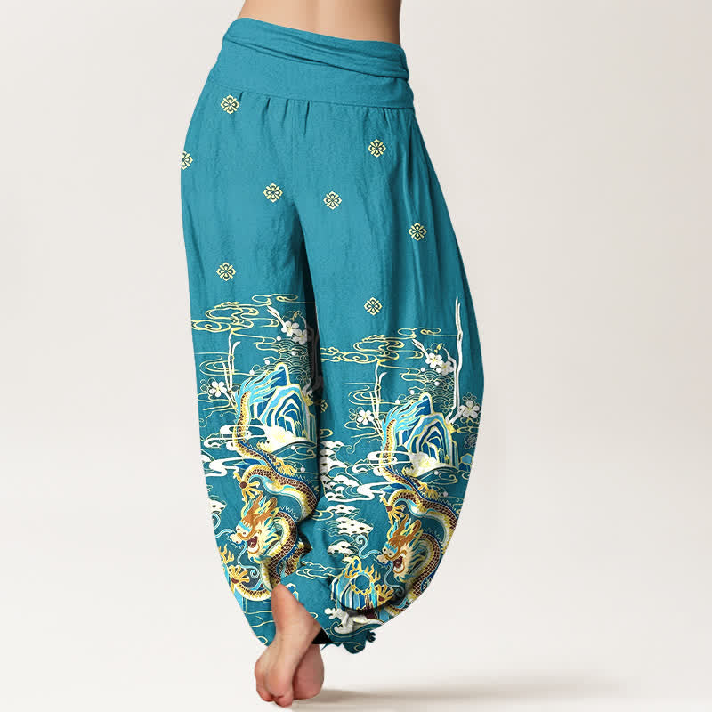 Buddha Stones Pantalones harem de algodón puro con estampado de nubes y dragones para mujer, cintura elástica. - image 1