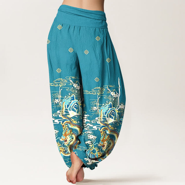 Buddha Stones Pantalones harem de algodón puro con estampado de nubes y dragones para mujer, cintura elástica. - image 1