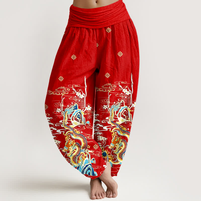 Buddha Stones Pantalones harem de algodón puro con estampado de nubes y dragones para mujer, cintura elástica. - Rojo - US16，UK/AU20，EU48 (3XL) - image 5