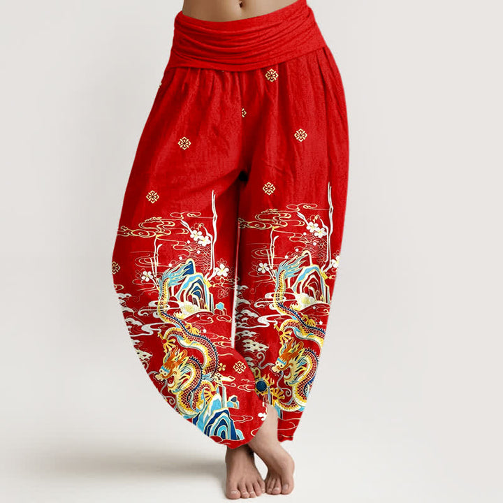 Buddha Stones Pantalones harem de algodón puro con estampado de nubes y dragones para mujer, cintura elástica. - Rojo - US16，UK/AU20，EU48 (3XL) - image 5