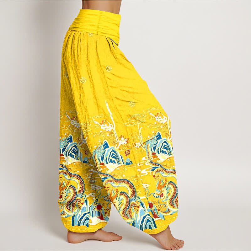 Buddha Stones Pantalones harem de algodón puro con estampado de nubes y dragones para mujer, cintura elástica. - image 10