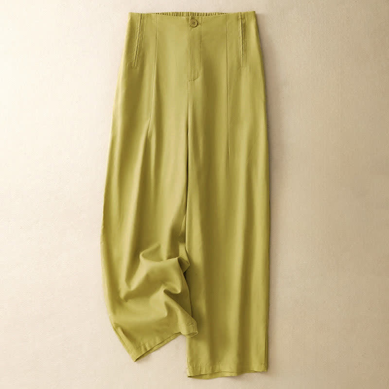 Buddha Stones Pantalones harem minimalistas de lino liso de cintura alta con botones y bolsillos para mujer, ideales para el verano. - caqui - US12, UK/AU16, EU44 (3XL) - image 0