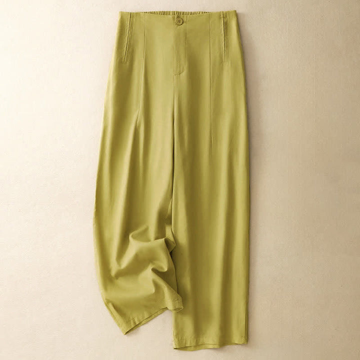 Buddha Stones Pantalones harem minimalistas de lino liso de cintura alta con botones y bolsillos para mujer, ideales para el verano. - caqui - US12, UK/AU16, EU44 (3XL) - image 0