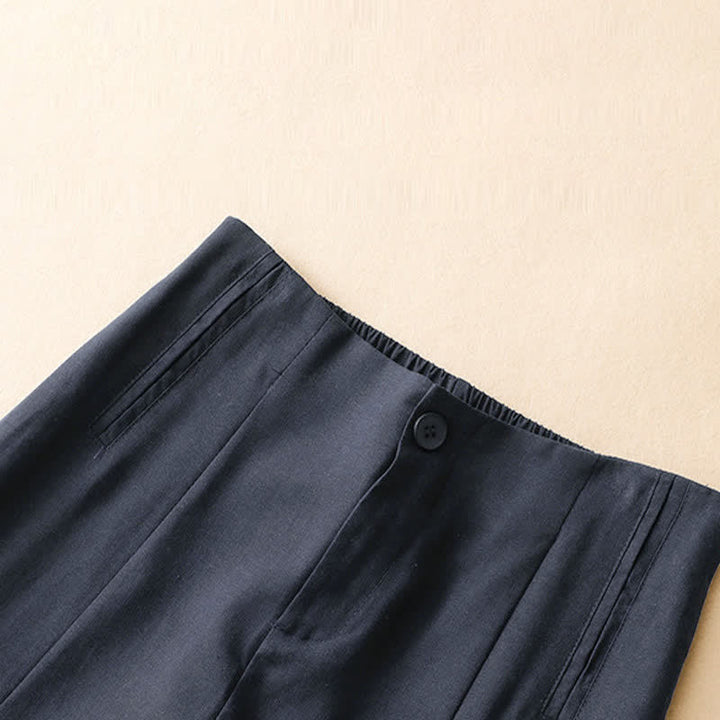 Buddha Stones Pantalones harem minimalistas de lino liso de cintura alta con botones y bolsillos para mujer, ideales para el verano. - image 4