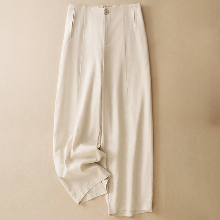 Buddha Stones Pantalones harem minimalistas de lino liso de cintura alta con botones y bolsillos para mujer, ideales para el verano. - Lino - US12, UK/AU16, EU44 (3XL) - image 8