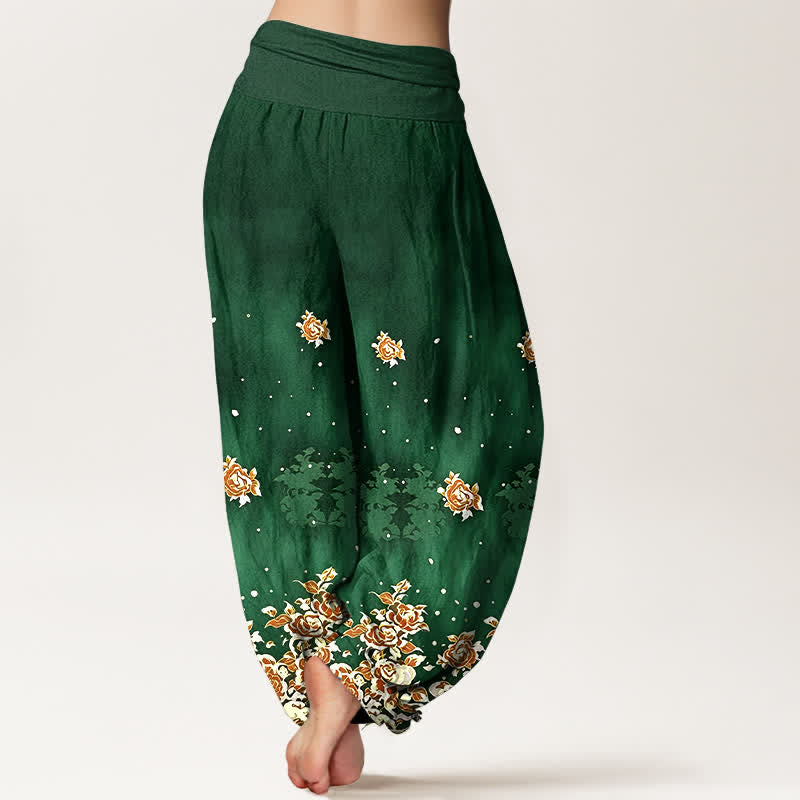 Buddha Stones Pantalones harem de algodón puro con estampado floral vintage de rosas para mujer con cintura elástica. - image 1