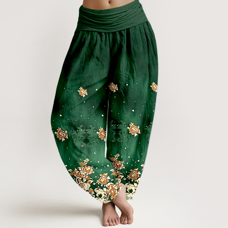 Buddha Stones Pantalones harem de algodón puro con estampado floral vintage de rosas para mujer con cintura elástica. - Verde bosque - US16，UK/AU20，EU48 (3XL) - image 0