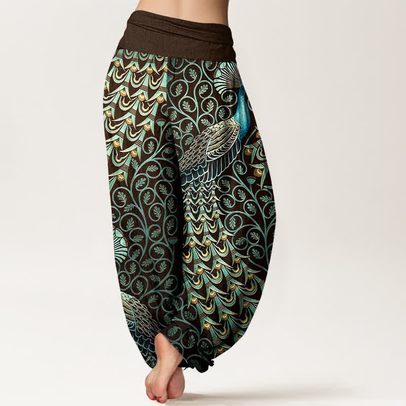 Buddha Stones Pantalones harem de mujer con cintura elástica y estampado de plumas de pavo real, de algodón puro. - image 6
