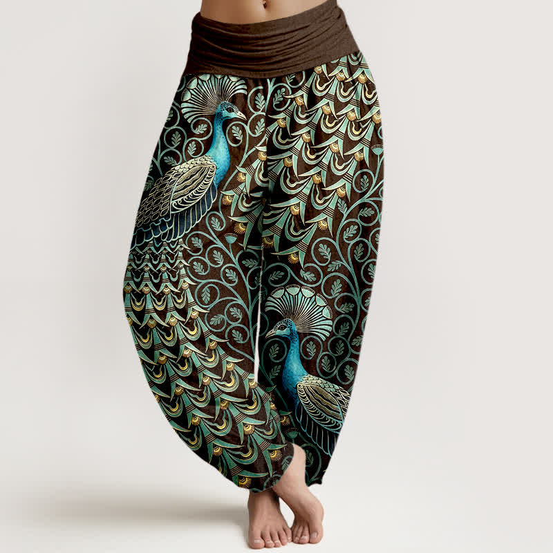 Buddha Stones Pantalones harem de mujer con cintura elástica y estampado de plumas de pavo real, de algodón puro. - Marrón - US16，UK/AU20，EU48 (3XL) - image 5
