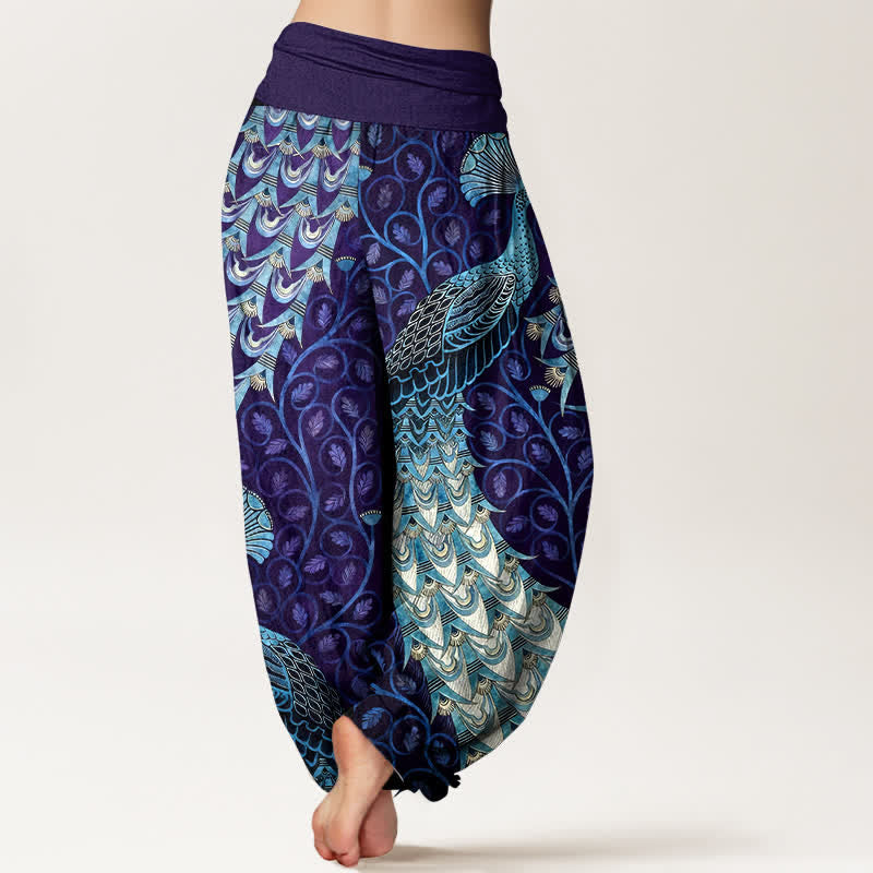 Buddha Stones Pantalones harem de mujer con cintura elástica y estampado de plumas de pavo real, de algodón puro. - image 9