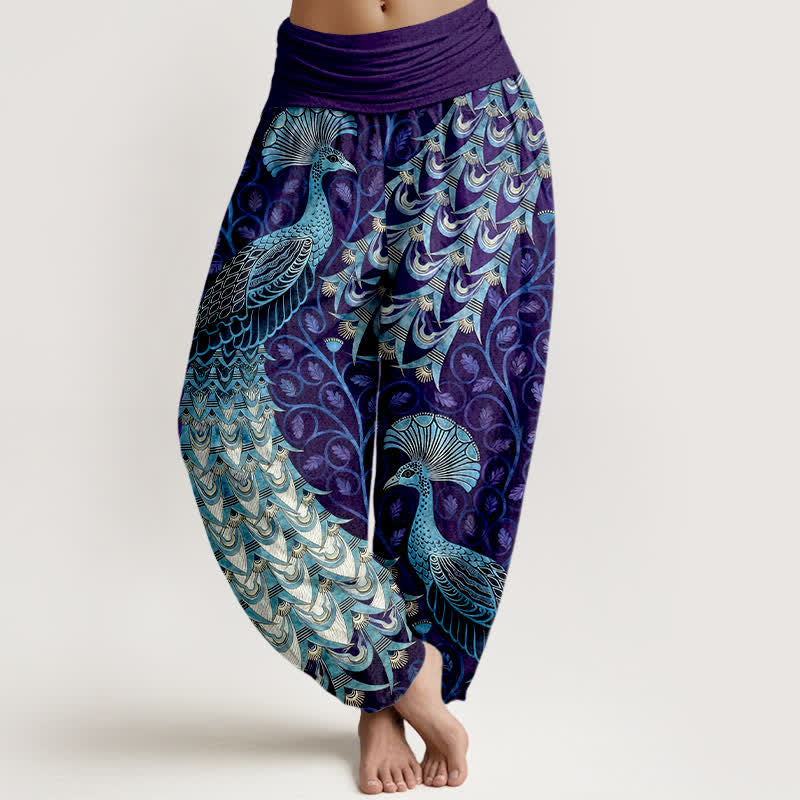 Buddha Stones Pantalones harem de mujer con cintura elástica y estampado de plumas de pavo real, de algodón puro. - Índigo - US16，UK/AU20，EU48 (3XL) - image 8