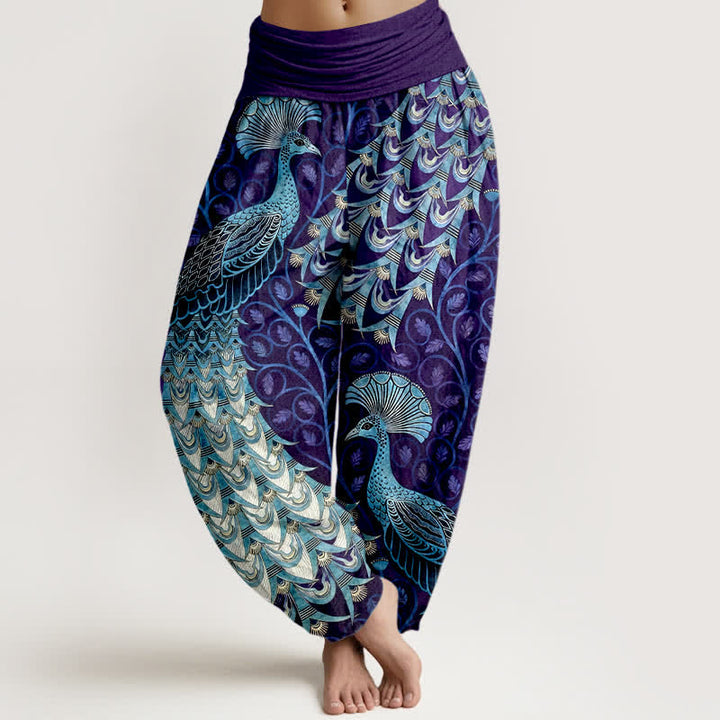 Buddha Stones Pantalones harem de mujer con cintura elástica y estampado de plumas de pavo real, de algodón puro. - Índigo - US16，UK/AU20，EU48 (3XL) - image 8