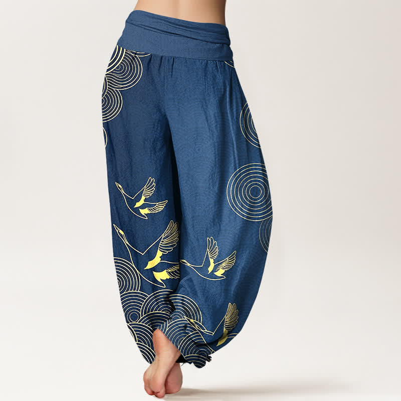 Buddha Stones Pantalones harem de mujer con cintura elástica y estampado de círculos de pájaros color oro algodón - image 1