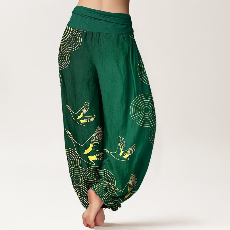 Buddha Stones Pantalones harem de mujer con cintura elástica y estampado de círculos de pájaros color oro algodón - image 6