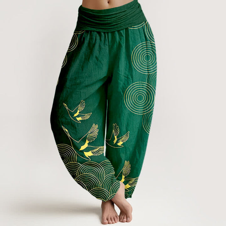 Buddha Stones Pantalones harem de mujer con cintura elástica y estampado de círculos de pájaros color oro algodón - Verde bosque - US16，UK/AU20，EU48 (3XL) - image 5