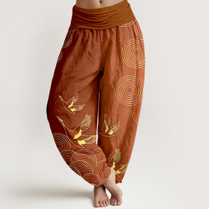 Buddha Stones Pantalones harem de mujer con cintura elástica y estampado de círculos de pájaros color oro algodón - Tierra de siena - US16，UK/AU20，EU48 (3XL) - image 8