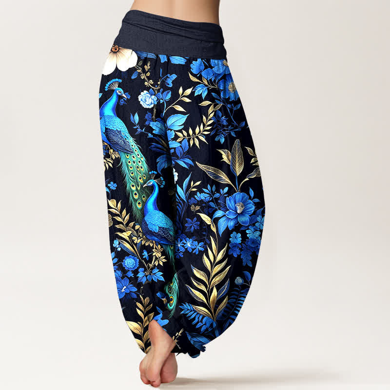 Buddha Stones Pantalones harem de mujer de algodón puro con estampado floral de pavo real en color verde azulado y cintura elástica. - image 1
