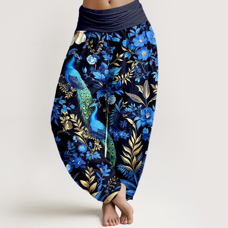 Buddha Stones Pantalones harem de mujer de algodón puro con estampado floral de pavo real en color verde azulado y cintura elástica. - Negro - US16，UK/AU20，EU48 (3XL) - image 0