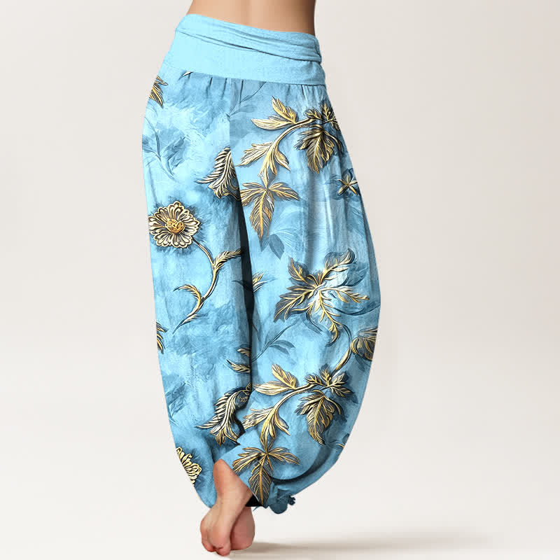 Buddha Stones Pantalones harem de algodón con estampado botánico de hojas para mujer con cintura elástica. - image 9
