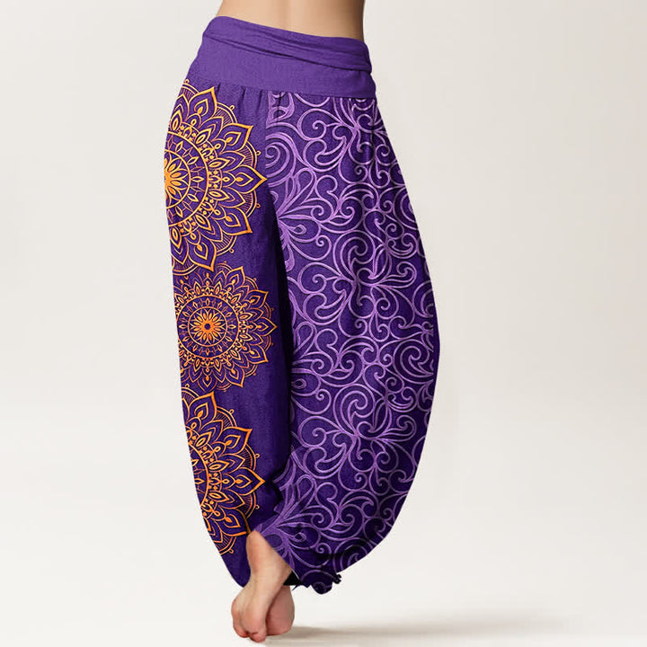 Buddha Stones Pantalones harem de mujer con cintura elástica y estampado floral de mandala dorado, de algodón puro. - image 1