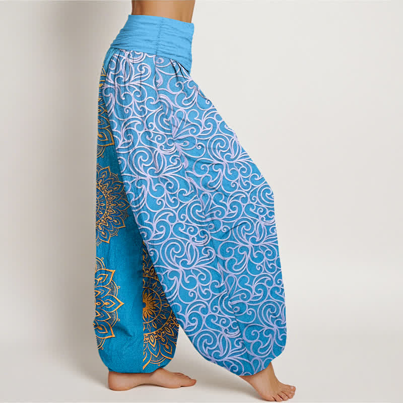 Buddha Stones Pantalones harem de mujer con cintura elástica y estampado floral de mandala dorado, de algodón puro. - image 7