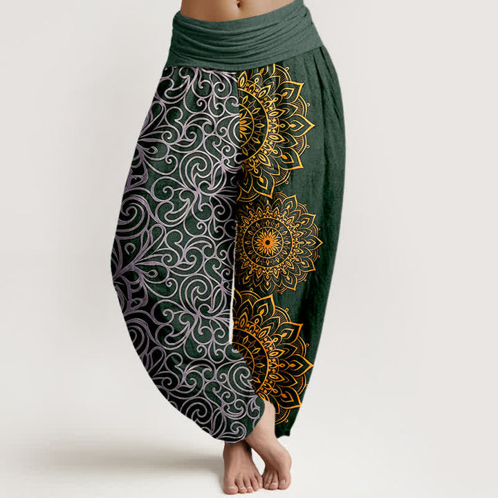Buddha Stones Pantalones harem de mujer con cintura elástica y estampado floral de mandala dorado, de algodón puro. - Verde bosque - US16，UK/AU20，EU48 (3XL) - image 8