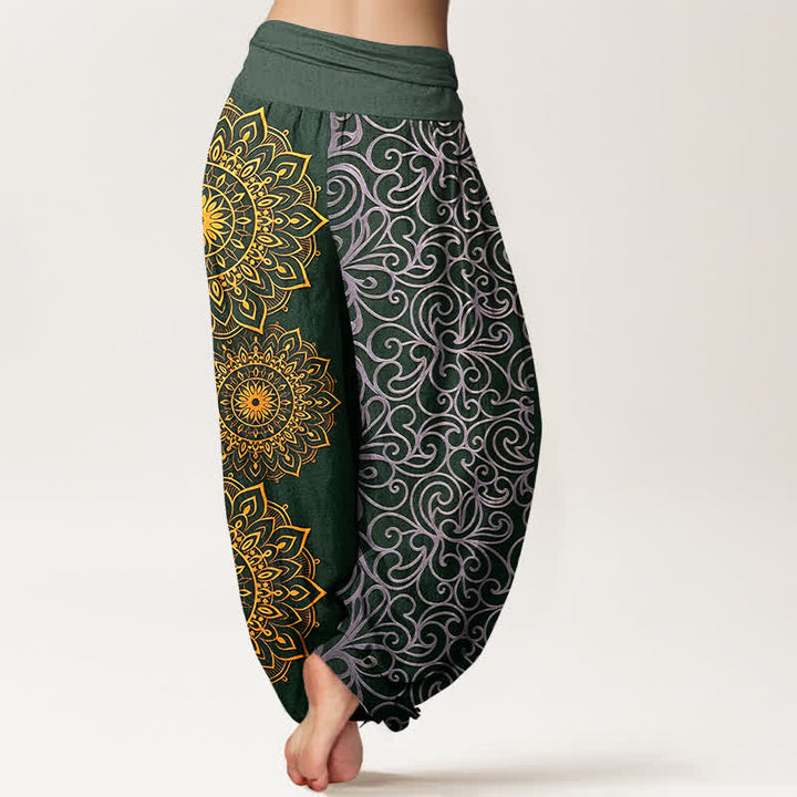 Buddha Stones Pantalones harem de mujer con cintura elástica y estampado floral de mandala dorado, de algodón puro. - image 9