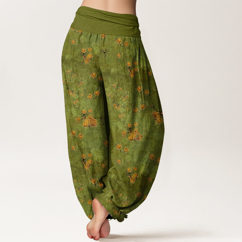 Buddha Stones Pantalones harem de mujer con cintura elástica y estampado floral de caléndulas dispersas, de algodón puro. - image 1