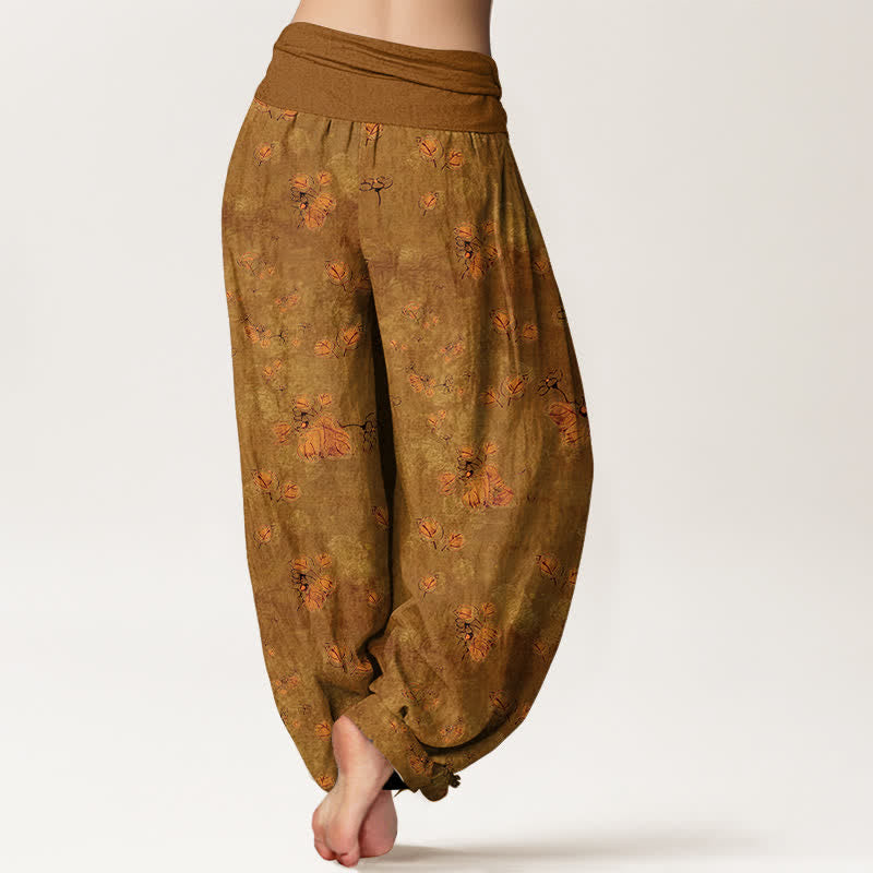 Buddha Stones Pantalones harem de mujer con cintura elástica y estampado floral de caléndulas dispersas, de algodón puro. - image 6
