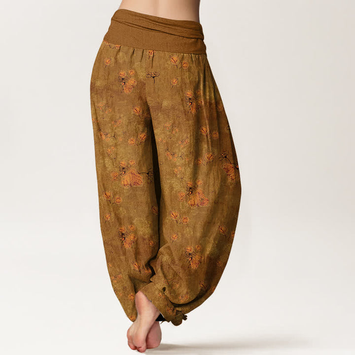 Buddha Stones Pantalones harem de mujer con cintura elástica y estampado floral de caléndulas dispersas, de algodón puro. - image 6