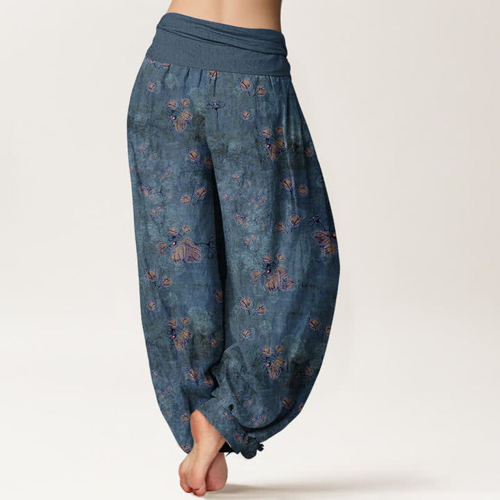 Buddha Stones Pantalones harem de mujer con cintura elástica y estampado floral de caléndulas dispersas, de algodón puro. - image 9