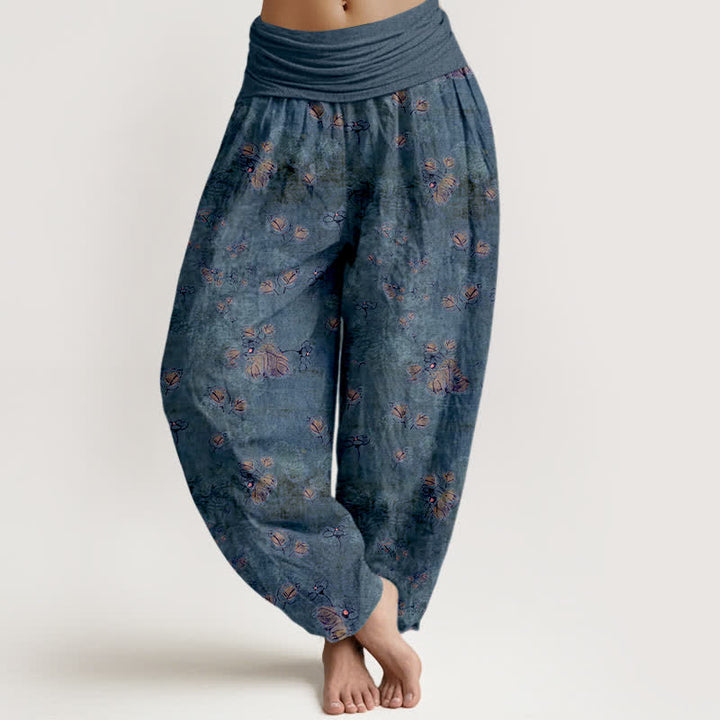 Buddha Stones Pantalones harem de mujer con cintura elástica y estampado floral de caléndulas dispersas, de algodón puro. - Azul acero - US16，UK/AU20，EU48 (3XL) - image 8