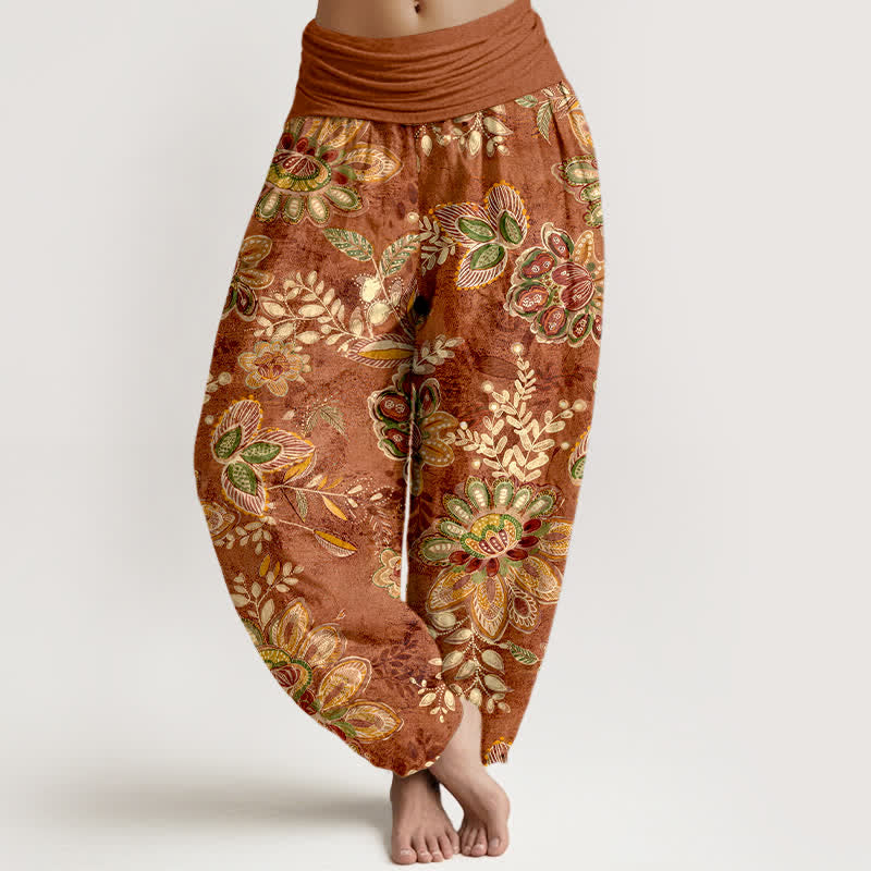 Buddha Stones Pantalones harem de algodón puro con estampado floral bohemio y cintura elástica para mujer. - Tierra de siena - US16，UK/AU20，EU48 (3XL) - image 0