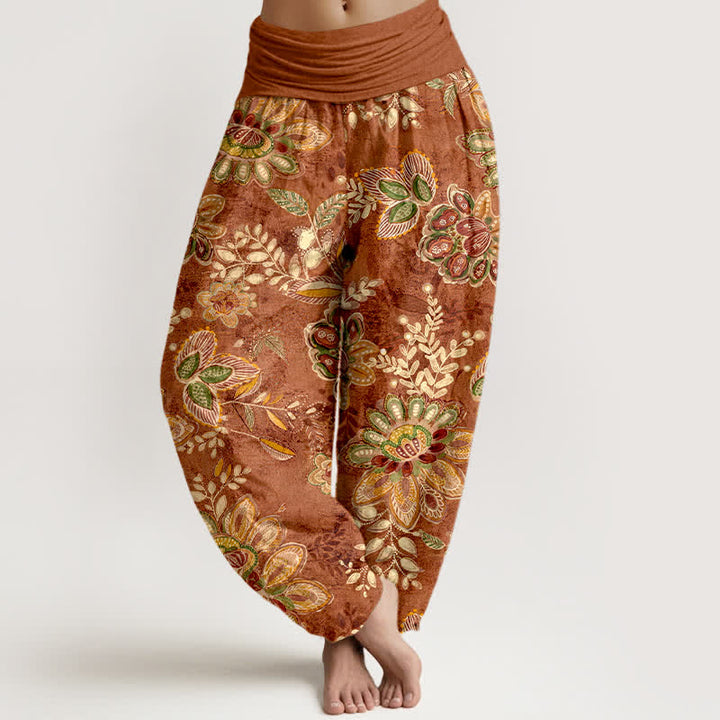 Buddha Stones Pantalones harem de algodón puro con estampado floral bohemio y cintura elástica para mujer. - Tierra de siena - US16，UK/AU20，EU48 (3XL) - image 0