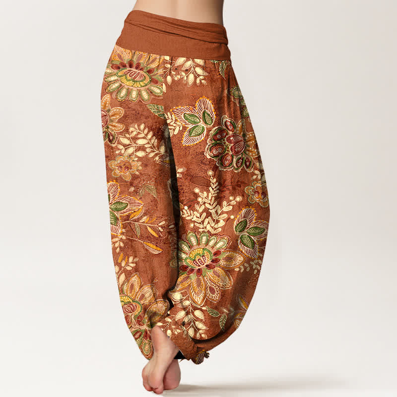 Buddha Stones Pantalones harem de algodón puro con estampado floral bohemio y cintura elástica para mujer. - image 1