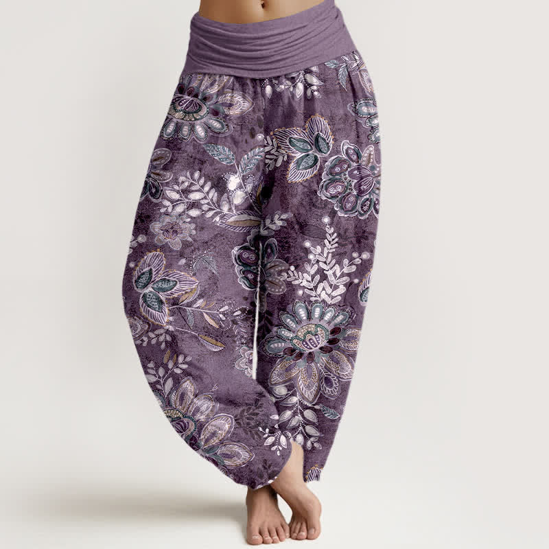 Buddha Stones Pantalones harem de algodón puro con estampado floral bohemio y cintura elástica para mujer. - Púrpura - US16，UK/AU20，EU48 (3XL) - image 5