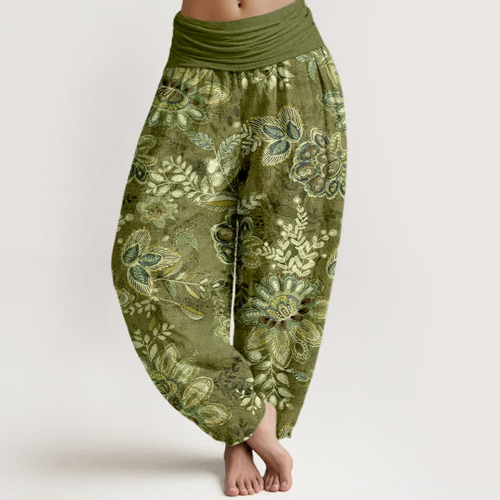 Buddha Stones Pantalones harem de algodón puro con estampado floral bohemio y cintura elástica para mujer. - Verde oliva - US16，UK/AU20，EU48 (3XL) - image 8