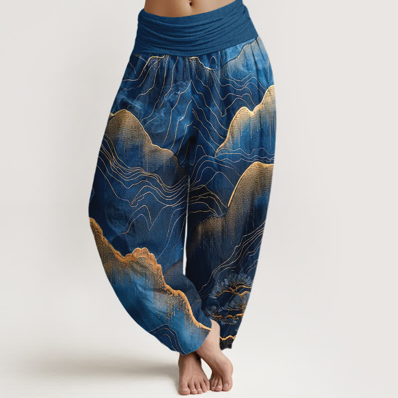 Buddha Stones Pantalones harem de mujer con cintura elástica y estampado Midnight Mountain Gold Line de algodón puro. - Marina de guerra - US16，UK/AU20，EU48 (3XL) - image 0