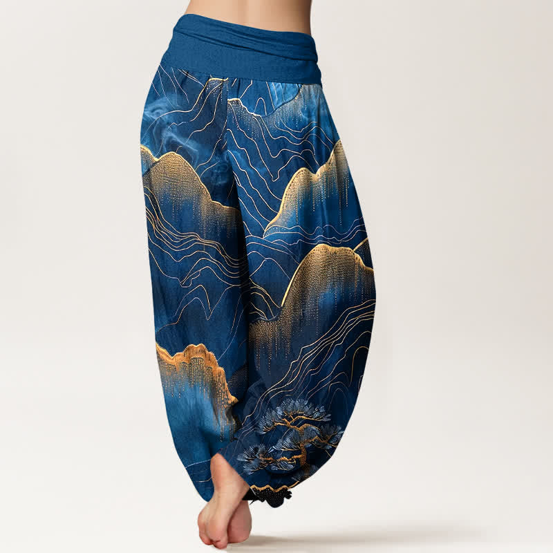 Buddha Stones Pantalones harem de mujer con cintura elástica y estampado Midnight Mountain Gold Line de algodón puro. - image 1