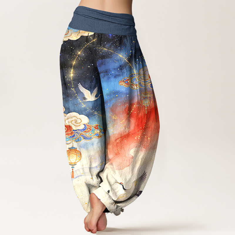Buddha Stones Pantalones harem de algodón puro con estampado de grulla, nube, linterna y cielo nocturno para mujer. - image 1