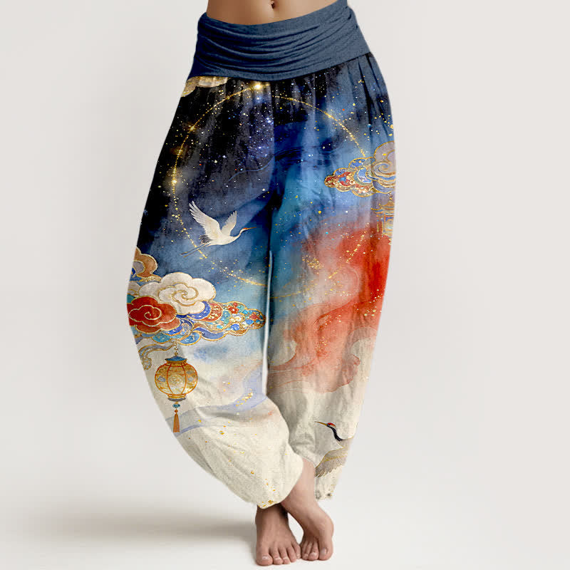 Buddha Stones Pantalones harem de algodón puro con estampado de grulla, nube, linterna y cielo nocturno para mujer. - Marina de guerra - US16，UK/AU20，EU48 (3XL) - image 0