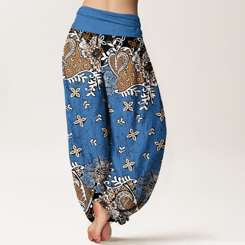 Buddha Stones Pantalones harem de mujer con cintura elástica, de algodón puro y estampado floral bohemio de cachemir. - image 1