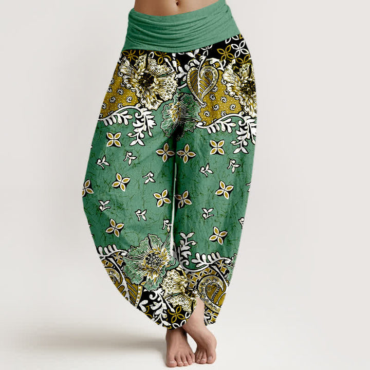 Buddha Stones Pantalones harem de mujer con cintura elástica, de algodón puro y estampado floral bohemio de cachemir. - Verde mar medio - US16，UK/AU20，EU48 (3XL) - image 8