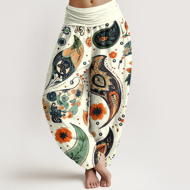 Buddha Stones Pantalones harem de mujer con cintura elástica, estampado bohemio de girasoles y cachemir, de algodón puro. - Marfil - US16，UK/AU20，EU48 (3XL) - image 0