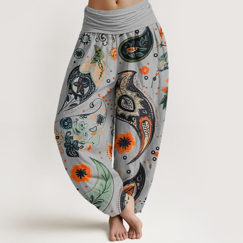 Buddha Stones Pantalones harem de mujer con cintura elástica, estampado bohemio de girasoles y cachemir, de algodón puro. - Gris claro - US16，UK/AU20，EU48 (3XL) - image 5