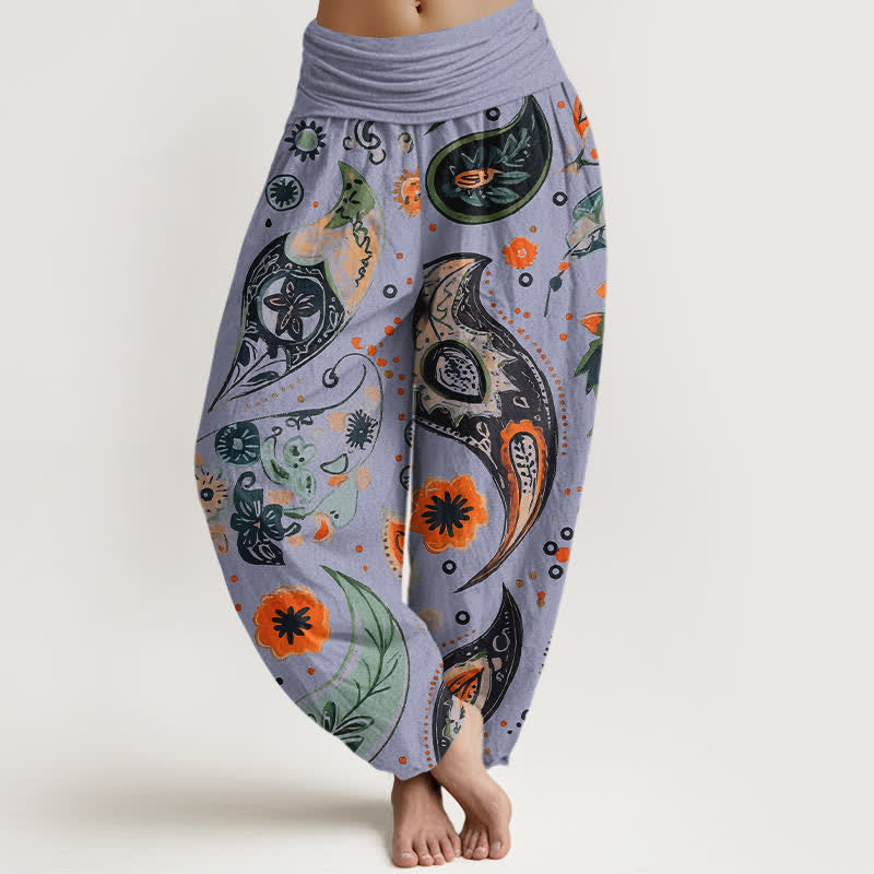 Buddha Stones Pantalones harem de mujer con cintura elástica, estampado bohemio de girasoles y cachemir, de algodón puro. - Lavanda - US16，UK/AU20，EU48 (3XL) - image 8