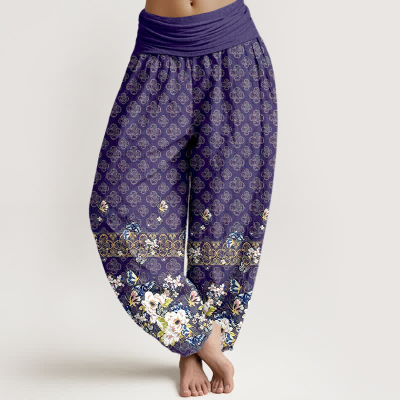 Buddha Stones Pantalones harem de mujer con cintura elástica y estampado floral bohemio de algodón puro. - Índigo - US16，UK/AU20，EU48 (3XL) - image 0